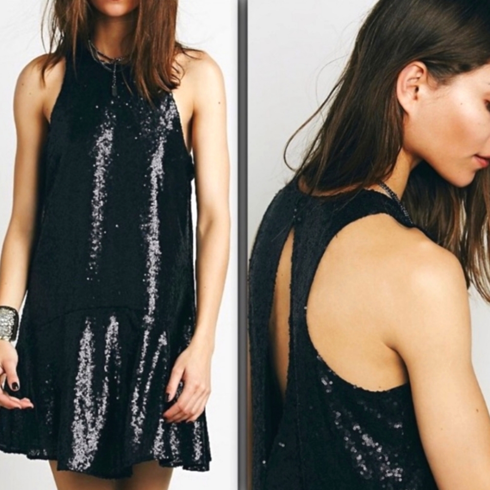 Free People High Neck Black Sequin Swing Dress